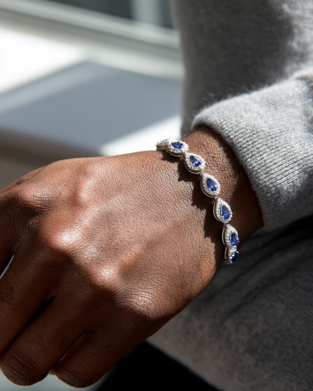 Men’s Blue Zirconia Teardrop Bracelet, Silver-Plated