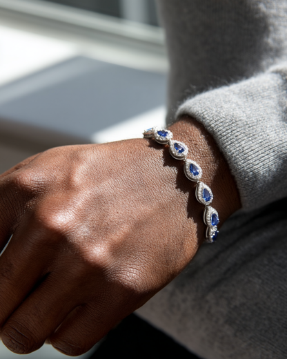 Men’s Blue Zirconia Teardrop Bracelet, Silver-Plated