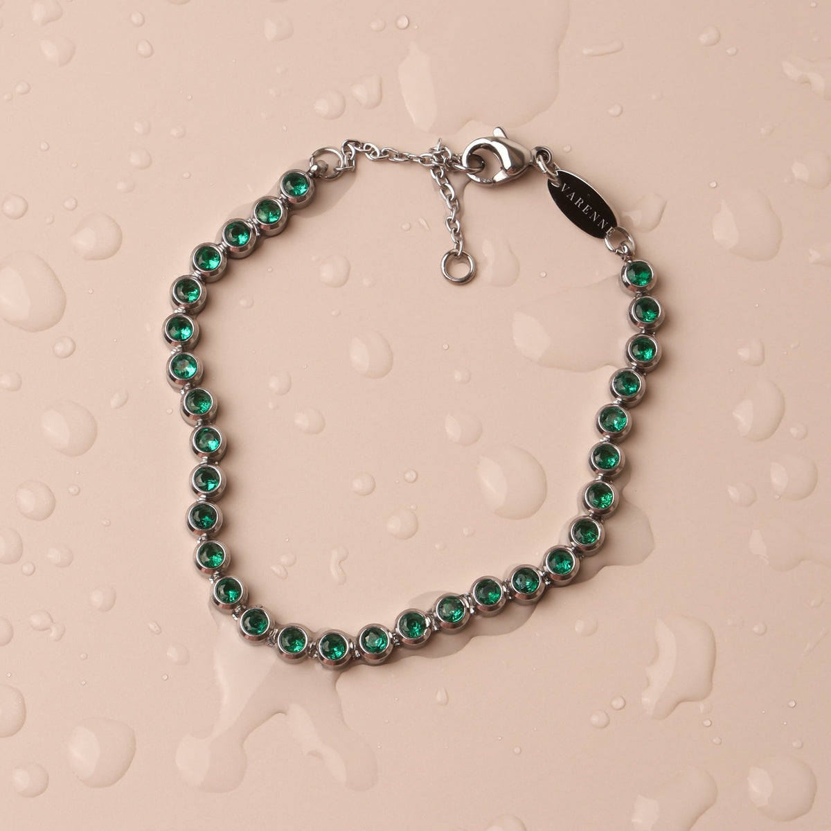 Green Bezel-Set Tennis Bracelet, Adjustable Steel Chain