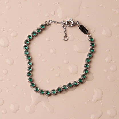 Green Bezel-Set Tennis Bracelet, Adjustable Steel Chain