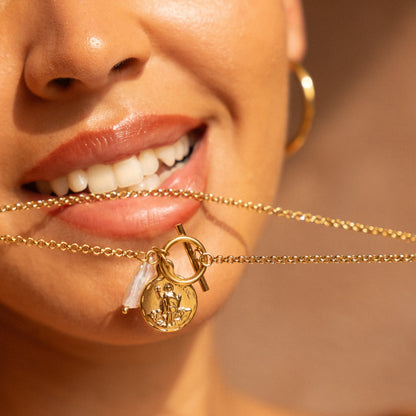 Coin and Freshwater Pearl Necklace, 18K Gold PVD Steel