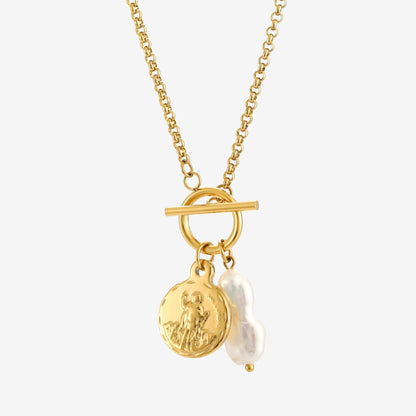 Coin and Freshwater Pearl Necklace, 18K Gold PVD Steel