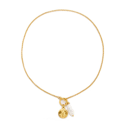 Coin and Freshwater Pearl Necklace, 18K Gold PVD Steel