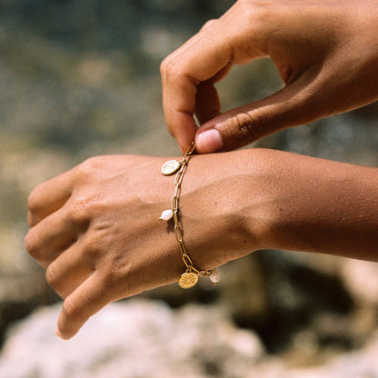Sun Charm and Freshwater Pearl Paperclip Bracelet