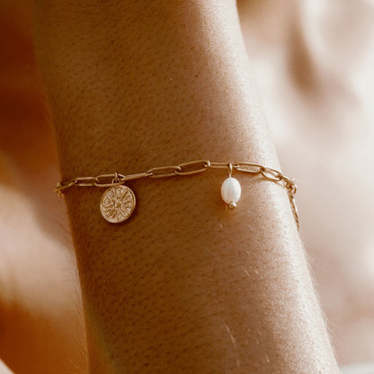 Sun Charm and Freshwater Pearl Paperclip Bracelet
