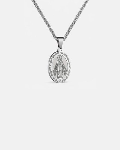 Virgin Mary Medallion Necklace, Silver-Plated Steel