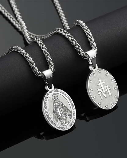 Virgin Mary Medallion Necklace, Silver-Plated Steel