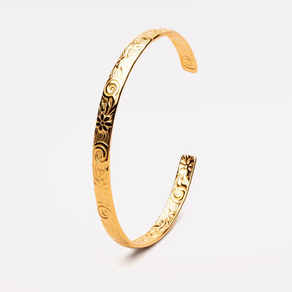 Floral Engraved Open Cuff Bracelet, Steel — Flora