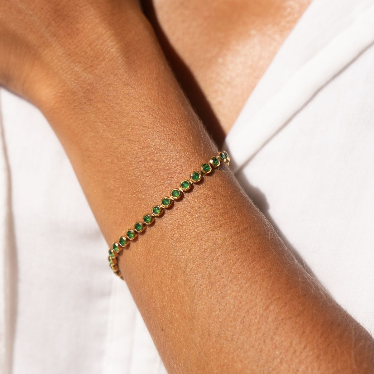 Green Bezel-Set Tennis Bracelet, Adjustable Steel Chain