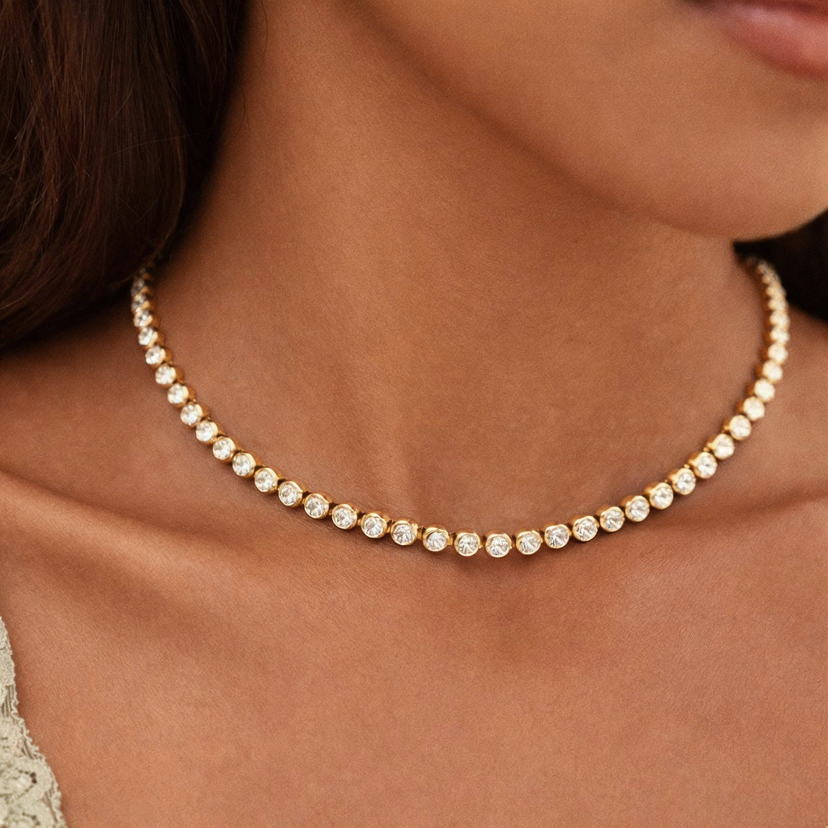 Round Zircon Tennis Choker, 37 cm, Steel