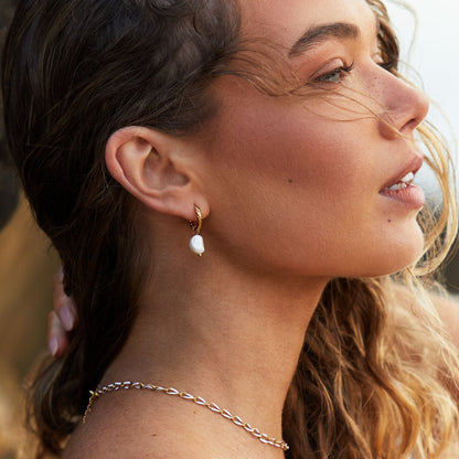 Hammered Pearl Hoop Earrings, 12 mm