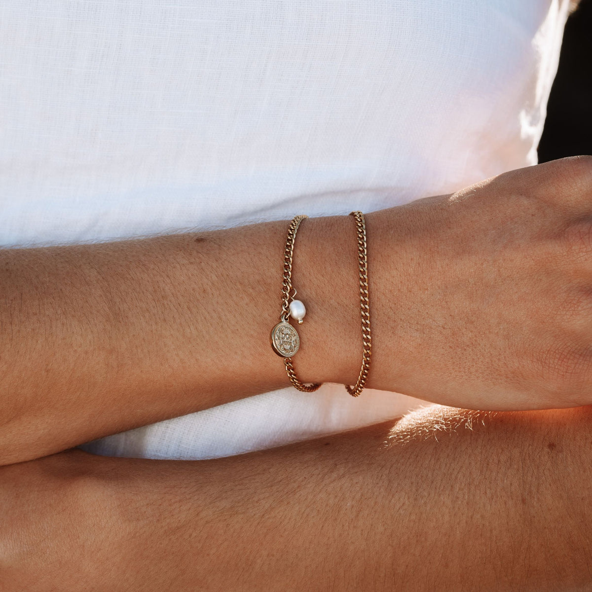 Double Chain Coin and Freshwater Pearl Bracelet — Señora