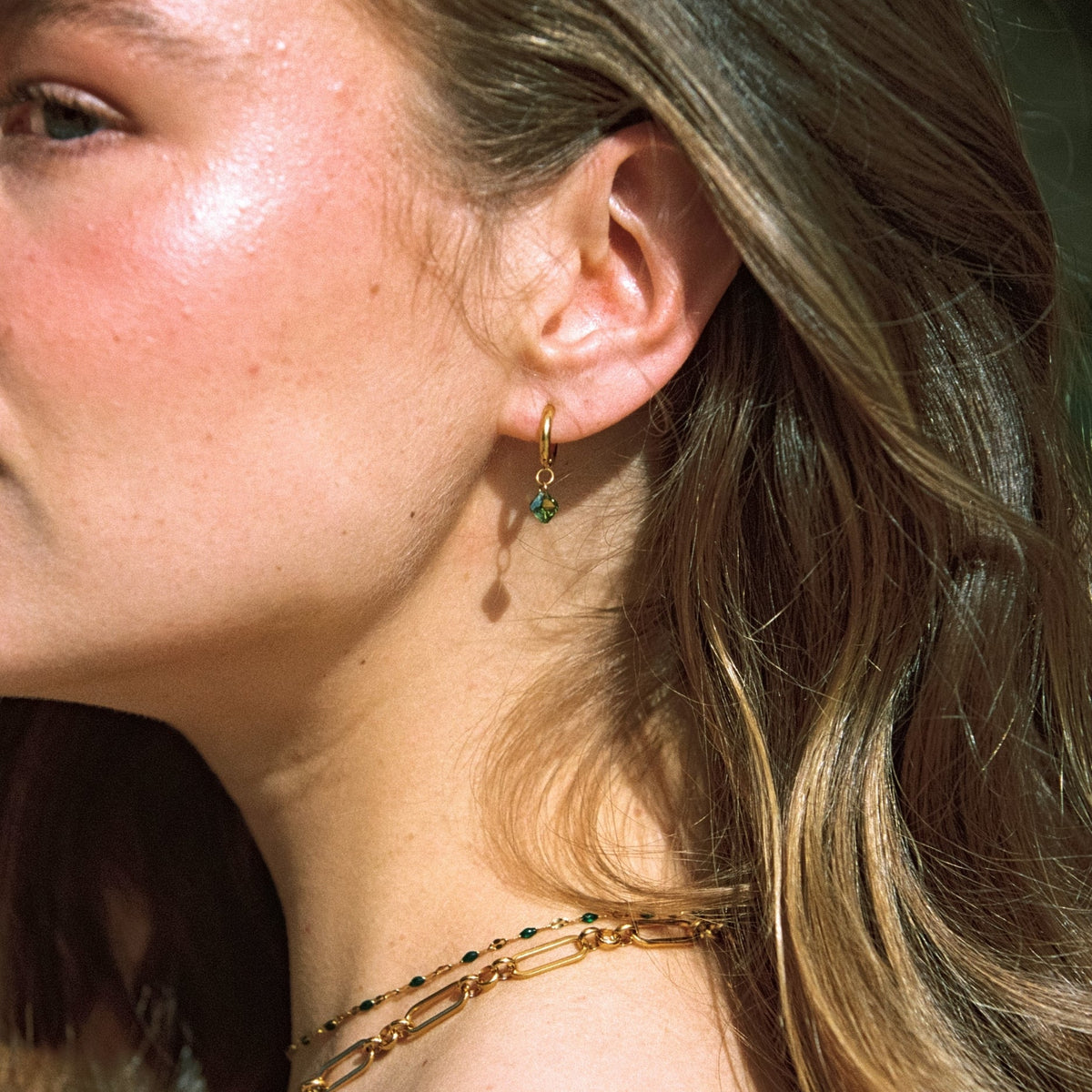 Green Zircon Drop Hoop Earrings, 10 mm — Lime