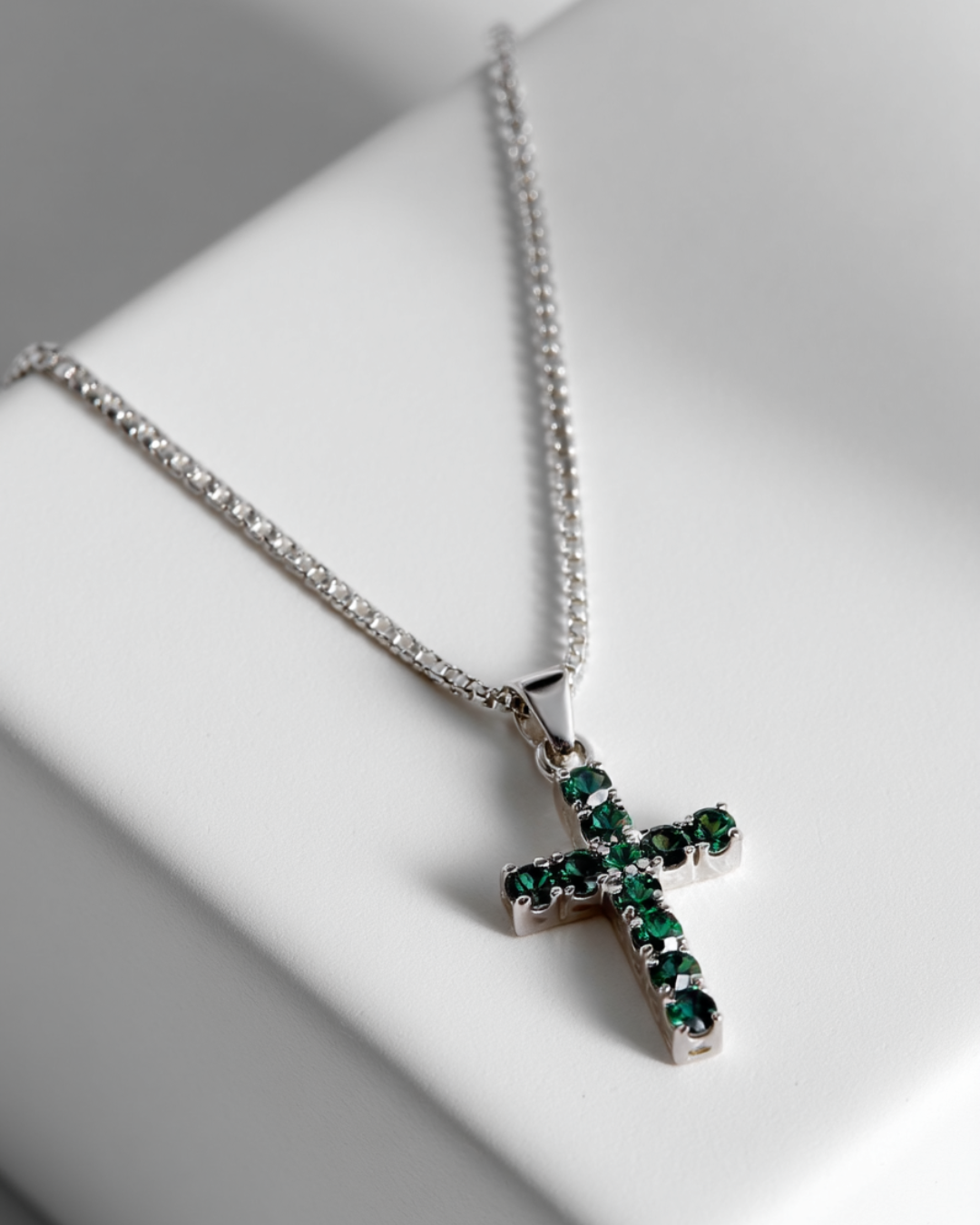 Green Zirconia Cross Pendant Necklace, Silver-Tone, 60 cm