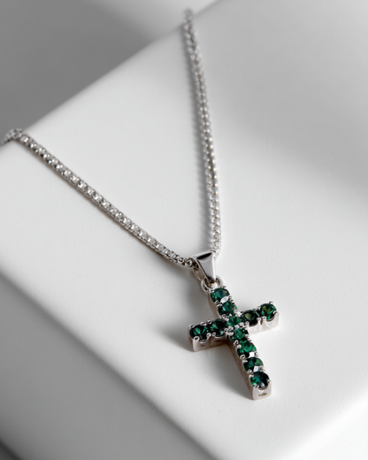 Green Zirconia Cross Pendant Necklace, Silver-Tone, 60 cm