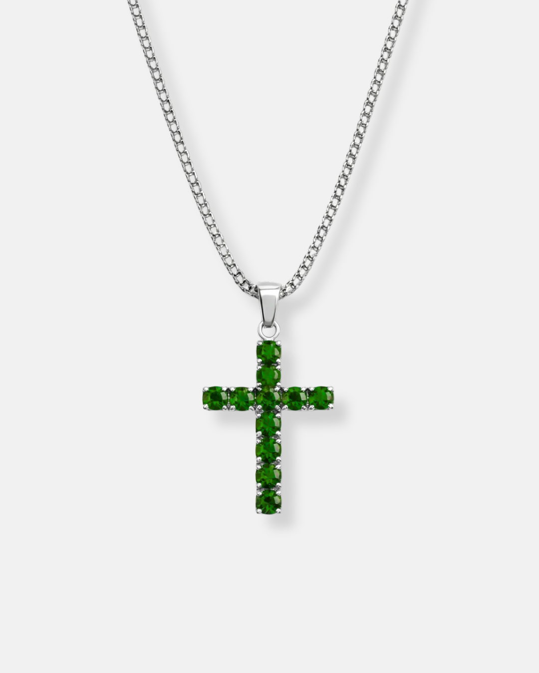 Green Zirconia Cross Pendant Necklace, Silver-Tone, 60 cm