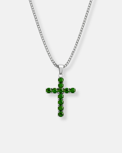Green Zirconia Cross Pendant Necklace, Silver-Tone, 60 cm