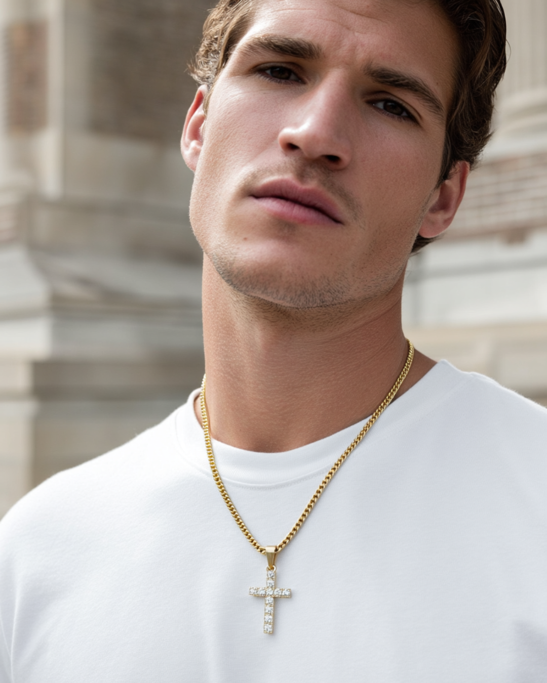 Clear Zirconia Cross Pendant Necklace, Gold-Plated, 60 cm