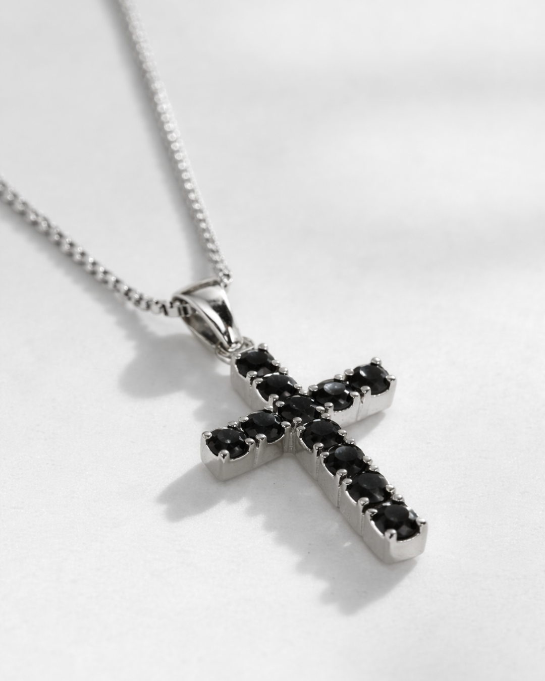 Black Zirconia Cross Pendant Necklace, Silver-Tone, 60 cm